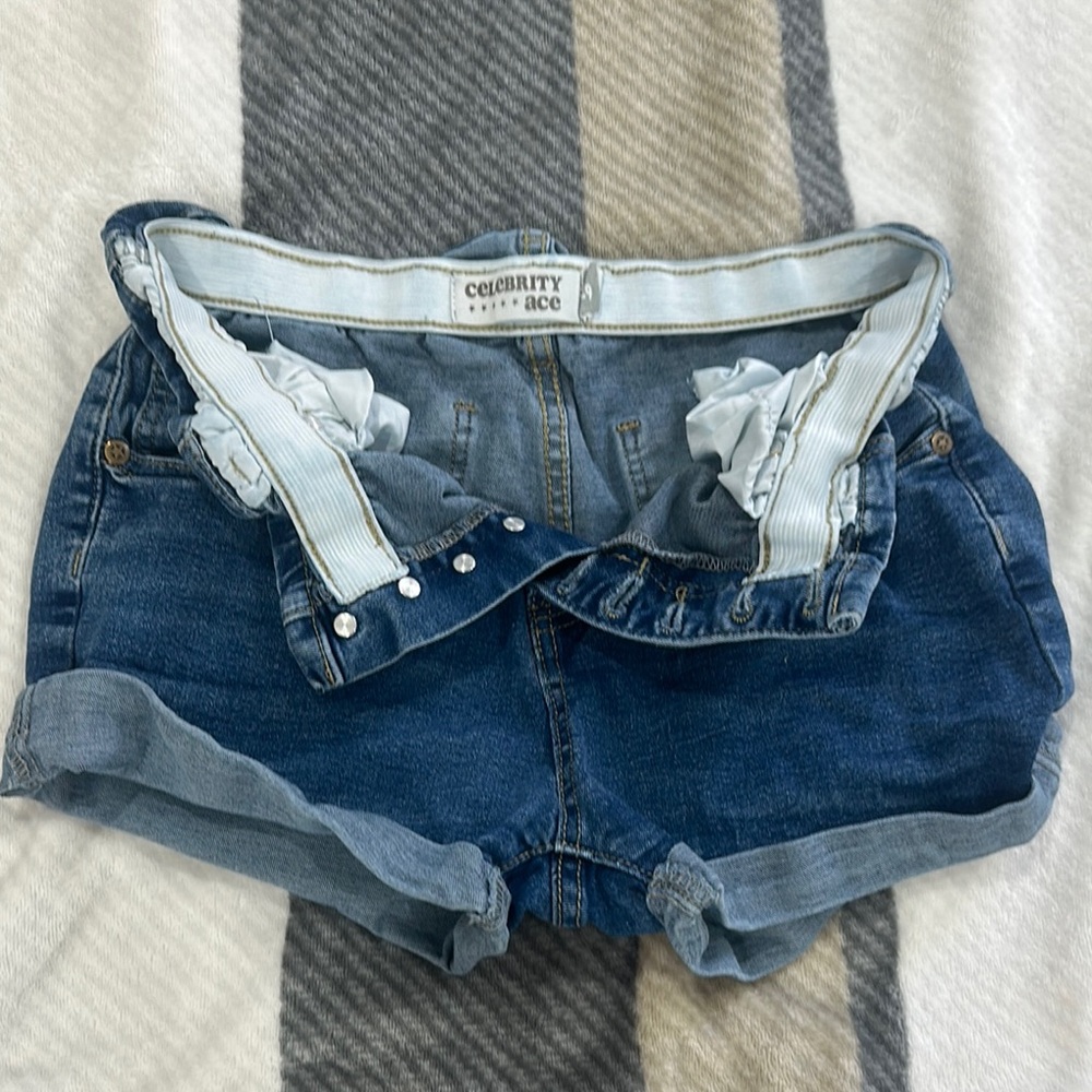 Blue Jean Shorts with Cuffed Hem and Distressed Look